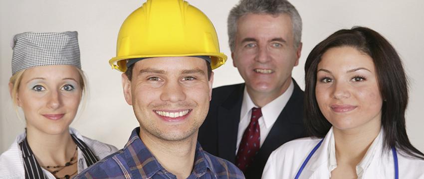 A group showing different professions - construction worker, healthcare worker, and man in suit.